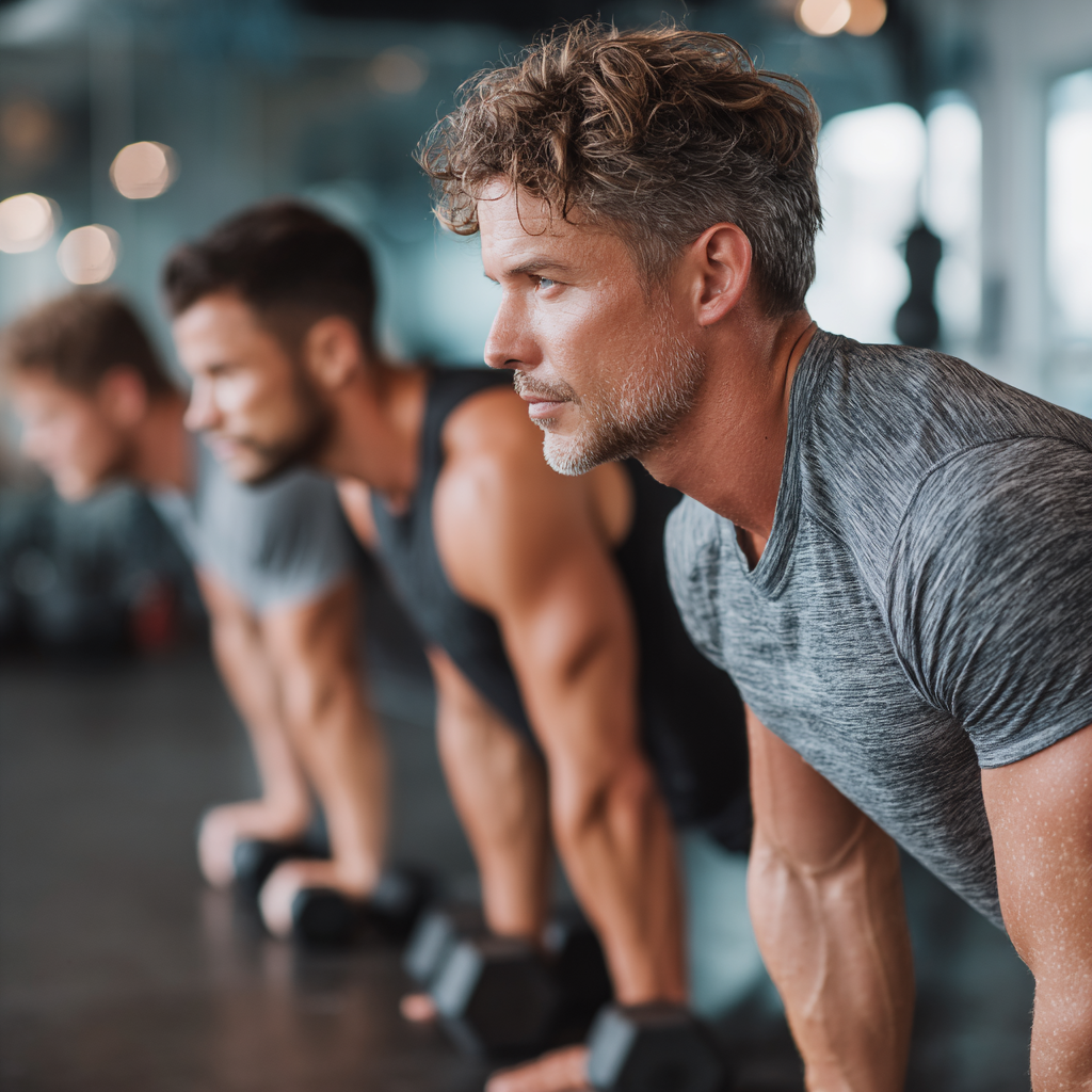 Group of determined men training together in modern fitness facility