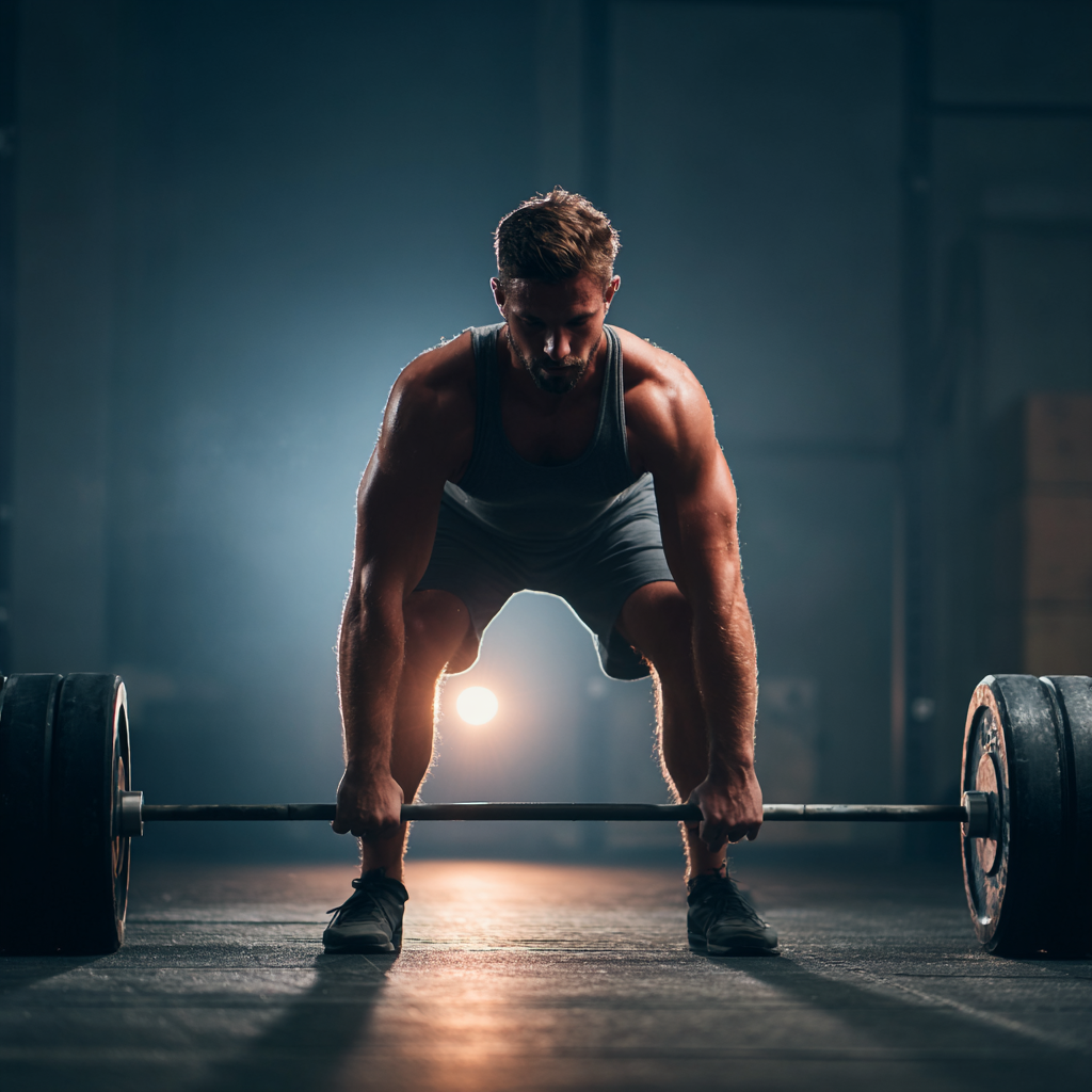 Muscular man performing deadlift exercise in modern gym with dramatic lighting